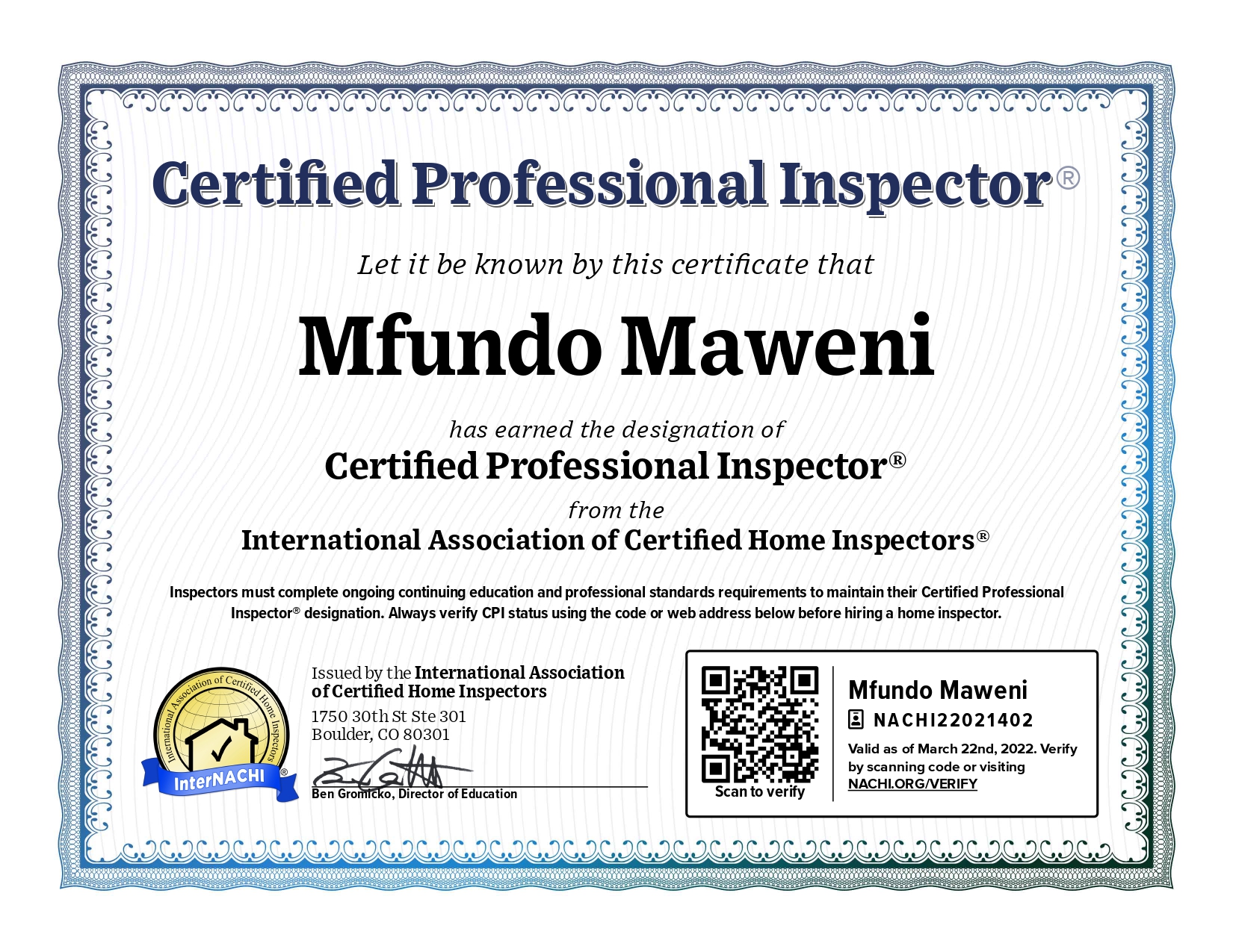 Certified Professional Inspector Certificate